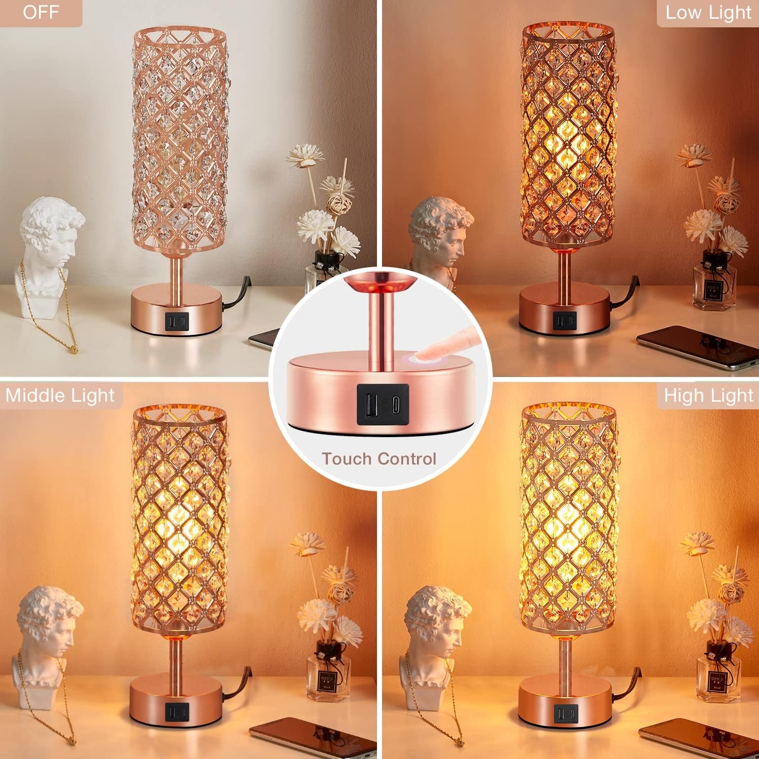 Crystal Table Lamp - 3-Way Dimmable Touch Control, Rose Gold Bedside Lamp with USB C and a Ports, Nightstand Light for Living Room, Bedroom, Home Office (Bulb Included)